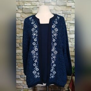 Cathy Daniels 1X Vintage Blue Floral Embroidered Boucle Mock Layer Sweater